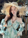 Yeknu  Seaside Holiday Irregular Sling Beach Long Dress Smudge Design Print Dresses Off-shoulder Sexy Dress Women Summer Vestidos