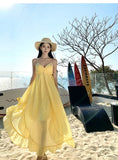 Yeknu  Yellow Backless Suspender Dress Female Summer Bohemian Seaside Holiday Beach Long Dress