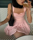 Yeknu  Summer Square Neck Sleeveless Slimming Tutu Dress Women Elegant Solid Color Ruffled Hem Cute Mini Dress