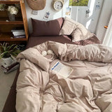 Yeknu Bedding Set Ins Ambiance Blue Coffee Grid Mixed With Washed Cotton Minimalist Flat&Fitted Sheets Duvet Cover Set With Pillowcase