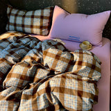 Yeknu High Quality Beauty Bedding Set Plaid Duvet Cover Bed Sheet Set With Pillowcases Adult Dormitory Queen Size Winter Home Decor