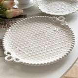 Yeknu  Ceramic Vintage Bow Embossed Beads Tableware Home Kitchen Restaurant Supplies Salad Fruit Western Food Dinner Plate, 1Pc