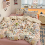 Yeknu 100% Cotton Bedding Set Cartoon Cute Animals Duvet Cover Set Bed Linen Flat Sheets Set 2 Pillowcases Single Double Queen Size