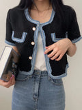 Yeknu  Spring Summer New Tops Women Print Fringe Patchwork Fashion Short Sleeve Korean Style Ladies Cropped Coats Loose Woman Tops