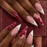 Yeknu  24pcs 3D Flowers Press on Nails Long Almond Acrylic Nails Surface Glossy with Snake Skin Design False Nail for Women&Girl