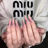 Yeknu  24pcs Long Pointed Gradient Pink False Nails y2k Sliver Flame Printed Wearable Press On Nails Full Finished Acrylic Nail Tips