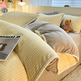 Yeknu  Autumn and Winter Thick Milk Velvet Quilt Cover Striped Jacquard Double-Sided Flannel Duvet Cover Solid Color Cozy Warm Bedding