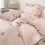 Yeknu  3pcs bow embroidery Bedding set ruffles Duvet Cover Set (1*Duvet Cover + 2*Pillowcase, Without Core)for bedroom guest room