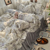 Yeknu 3/4Pcs Korean Princess Style Floral Ruffles Bedding Set Skin-friendly Soft Duvet Cover Set Bed Sheet Or Bed Skirt Pillowcases