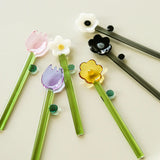 Yeknu  Colored Flower Glass Dessert Spoon High Temperature Resistant Spoon Creative Long Spiral Handle Juice Coffee Stirring Spoon