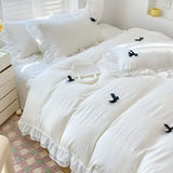 Yeknu  French Ins Princess Style Lace Four-piece Set Washed Cotton Embroidered Quilt Cover Set Bow Girly Heart Bed Sheet Three-piece