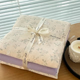 Yeknu Ins floral print Bedding set knitted cotton Flat sheet set Four pieces duvet cover double layer-yarn 4Pcs Cute Fitted sheet