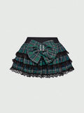 Yeknu  J-Fashion Y2K Gyaru Himekaji Harajuku Lolita Oversized Bowknot Low Waist Lace Frilled Plaid Mini Skirt For Women