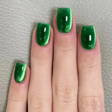 Yeknu 24Pcs Rainbow Color Glow Cat Eye Press on False Nails with Glue Glitter Short Square Nails Sweet Cool Gradient Summer Fake Nails