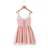 Yeknu  New Pink Splicing White Cute Short Dress Summer Sleeveless Lace-up Waist Princess Puffy Dress Women's Clothing