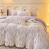 Yeknu New Bedding Set High Weight Carved Milk Flour Set Girl Ruffle Bed Tulip Thicken Warm Quilt Cover Sheet Pillowcase Decor Bedroom