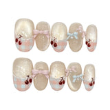 Yeknu  10PCS Handmade Press on Nails Sweet Cute Bow Decor Short Cat Eyes False Nails for Girl Women Wearable Reusable Ins Fake Nails