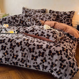Yeknu  Thickened imitation rabbit hair carved milk fleece four-piece set winter coffee color warm fleece quilt set