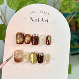 Yeknu  10pcs Short Coffin Handmade Press on Nails Baroque Style Metal Pearl False Nails Colorful Flower Nail Tip Cat Eye Fake Nails Art