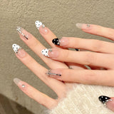 Yeknu  10Pcs Black Dot Press On Nails With Rhinestones Design Oval Head False Nails Sweet Cool Handmade Artificial Nail Tips