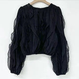 Yeknu  Spring Pullover Long Sleeve Tops Women Loose Pleated Fashion Ladies Cropped Blouses Ruffled Lace Mesh Hollow Woman Tops