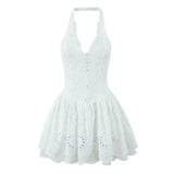 Yeknu  White Lace Embroidery Halter Neck Dress New Summer Sleeveless Backless Sexy A-Line Dresses Women Slim Party Dress
