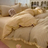 Yeknu  Ins Princess Style Washed Double-Layer Gauze Bedding Set - Thickened Crinkled Gauze Cute Dorm 3-Piece/4-Piece Sheet & Duvet Cove