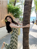 Yeknu  Summer Green Plaid Suspender Dress Women Summer Sleeveless V-neck Sexy Hip-wrapped Long Dress