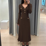 Yeknu  Autumn Knitted Dress Women Korean Style Knit Long Sleeve Office Ladies Dresses Slim Sweater Trumpet Woman Long Dress