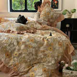 Yeknu Nordic Bedding Sets 100% Cotton Floral Flat Bed Sheet Set 2 Pillowcases Skin-Friendly Queen King Double Size Bed Linen Set