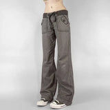 Yeknu  Retro Lace-up Low Rise Pants Streetwear Patchwork Loose Casual  for Women Harajuku Straight Trousers Korean Fashion
