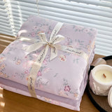 Yeknu Ins floral print Bedding set knitted cotton Flat sheet set Four pieces duvet cover double layer-yarn 4Pcs Cute Fitted sheet