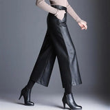 Yeknu  Plus Size Pu Faux Wide Leg Ankle-length Pants Women Baggy Black Shiny High Waist Womens Loose Pant Korean Trousers