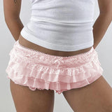 Yeknu  Y2k Cutest Ruffles Mesh Layers Bloomers Frilly Pants Fairy Tiered Lace Micro Shorts Bow Waistband Booty Shorts Women Streetwear