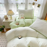 Yeknu INS Seersucker Stripes Duvet Cover Pillowcases Flat Sheet Girls Bedding Set Washed Cotton Solid Color Bed Linen Single Size