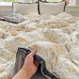 Yeknu  A-Class Wrinkled Yarn Lace Bedding Sets New Printing Skin-Friendly Cotton Soft Duvet Cover Kit Double Bed Summer Comforter Set