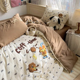 Yeknu Cartoon Animal Embroidery Bedding Set For Adults Kids Cute Flat Fitted Sheet With Pillowcases Washed Cotton Colorful Full Size