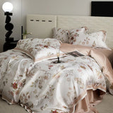 Yeknu Floral Plant Print Color Blocking Bedding Set Lyocell Bamboo Fiber Soft Silky Duvet Cover Flat/Fitted Bed Sheet Pillowcases 4Pcs