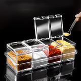 Yeknu  3/4 grid seasoning jar with spoon, transparent acrylic sugar and salt box, kitchen spice container, kitchen organization storage
