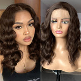 Yeknu  13X4 Chocolate Brown Short Curly Wavy Hair Synthetic Lace Front Wig Shoulder Length Deep Wave Brunette Brown Bob Wigs for Women