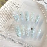 Yeknu  10pcs pure handmade coffin shaped nail art, beautiful fake nails, summer fresh gradient bow, suitable for women to use