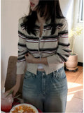 Yeknu  Knitted Autumn Cardigan Women Slim Fashion Striped Print Ladies Cropped Cardigans Korean Style Woman Sweater Coats