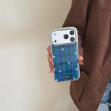 Yeknu  Ins Blue Green Grid Stars Phone Case For iPhone 17 16 15 14 Pro Max 13 17promax Case Silver Premium Edge Shockproof Back Cover