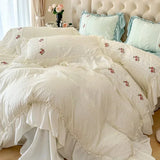 Yeknu French Romantic Lace Bubble Gauze Bedding Set Queen Elegant Princess Style Embroidered Duvet Cover Set Ruffled Quilt Cover Sets