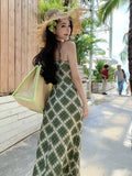 Yeknu  Summer Green Plaid Suspender Dress Women Summer Sleeveless V-neck Sexy Hip-wrapped Long Dress