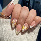 Yeknu  24pcs French Fake Nails Small Flower Diamond-Studded White-Edged Press on Nail Short Square Full Coverage Nail for Women&Girl