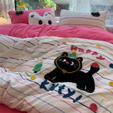 Yeknu  Korean Style Bedding Set Green Strip Black Cat Embroidery Washed Cotton  Duvet Cover Cute Cardboard  Bed linen Comforter Sets