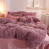 Yeknu  Winter Warm Long Plush Pink Bedding Set Queen Mink Velvet Double Duvet Cover Set with Fitted Sheet Warmth Quilt Covers