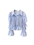Yeknu  High Quality Outfits 2 Piece Set Office Lady Simple Long Sleeved Blouses Flare Sleeve + Gyaru Knitted Vest Y2k Elegant Mori Girl