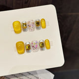 Yeknu  10 Pcs Press On Nails Ultra Short Gradient Fake Nails Gold Holographic Glitter With Rhinestones Handmade False Nail Tips